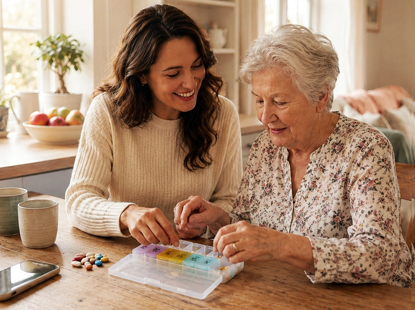 An adult daughter and her mom filling a weekly pillbox together at a bright, sunlit kitchen table
