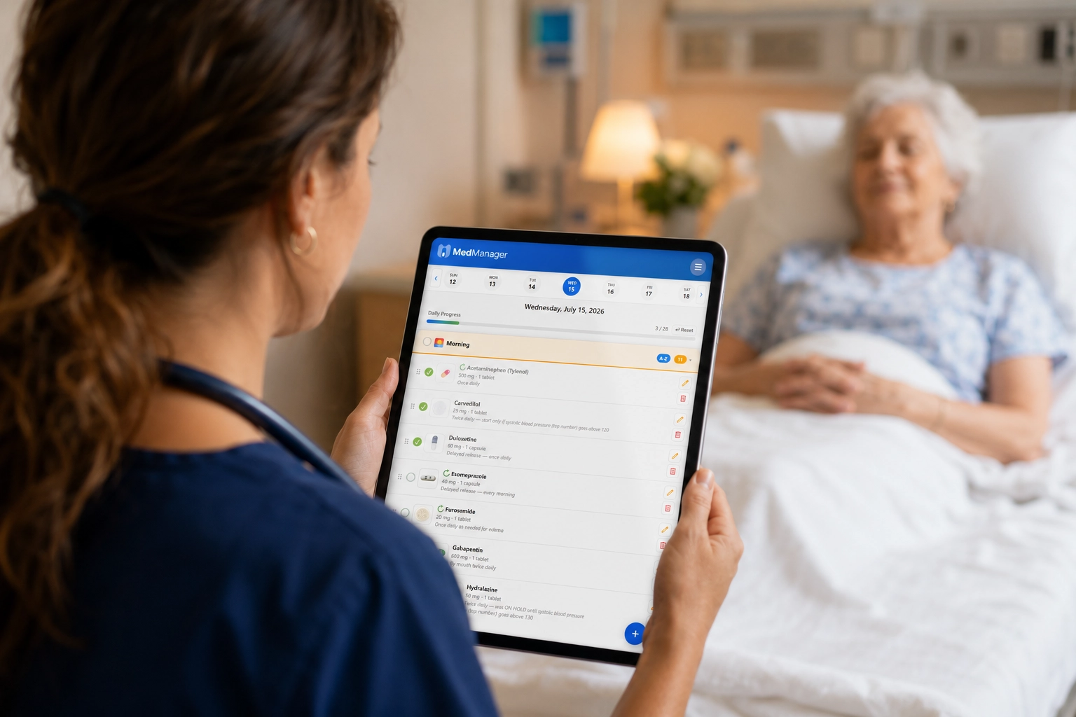 A smiling nurse reviewing a patient's medication schedule on a tablet at the bedside in a sunlit ward
