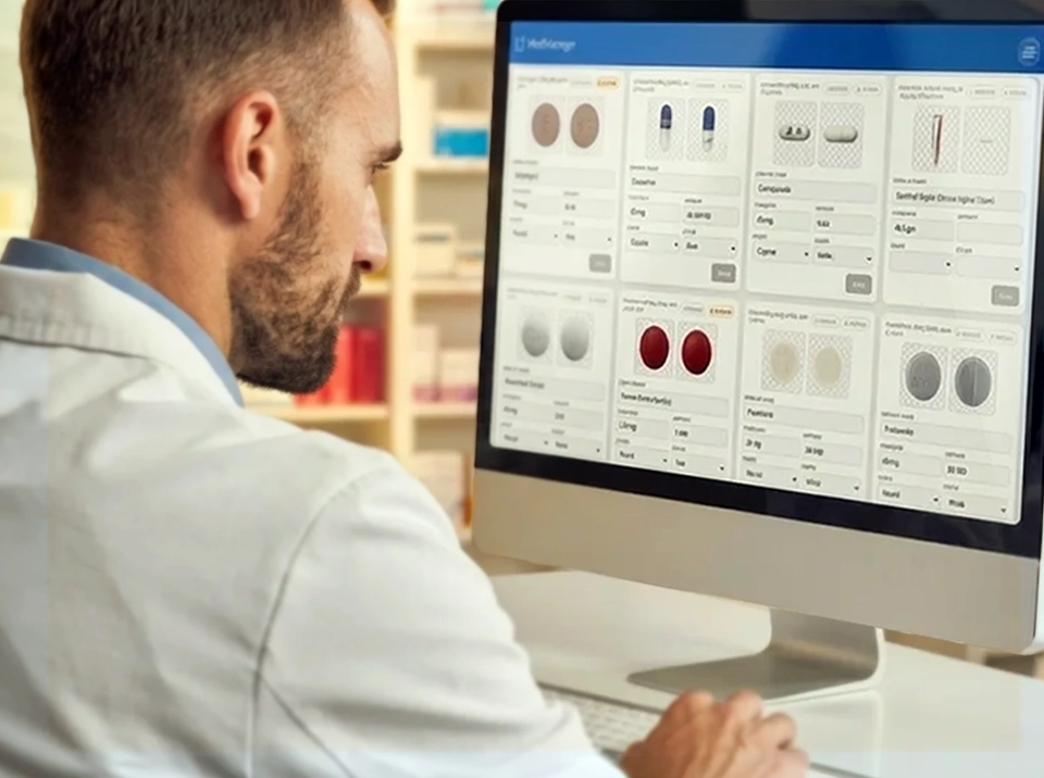 A pharmacist at a bright pharmacy counter looking up medicine details on a computer, comparing a prescription bottle to the on-screen medication database