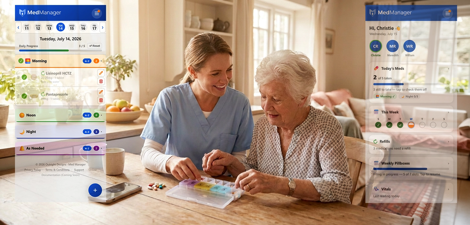 A smiling caregiver in scrubs helping an elderly family member sort her weekly medications at a sunlit kitchen table, with the Med Manager schedule screen shown alongside